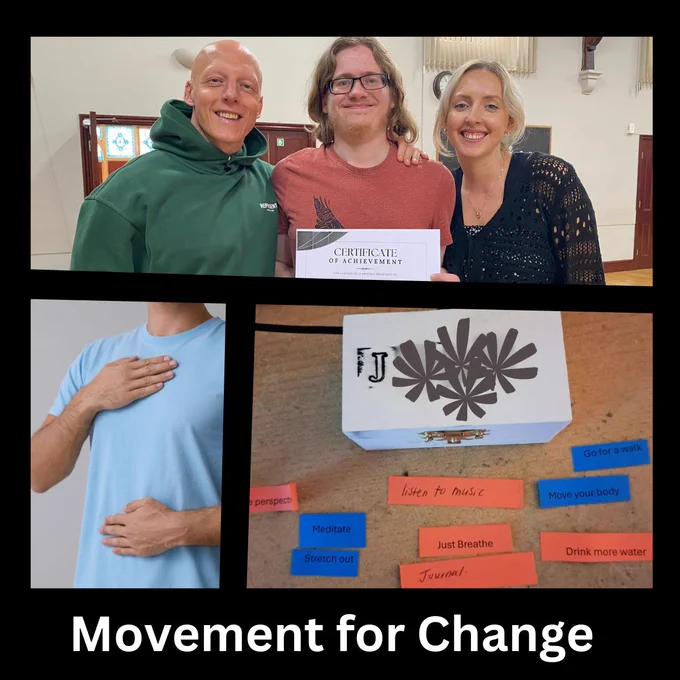 3 photos showing participants on the course and a box and papers used in an activity