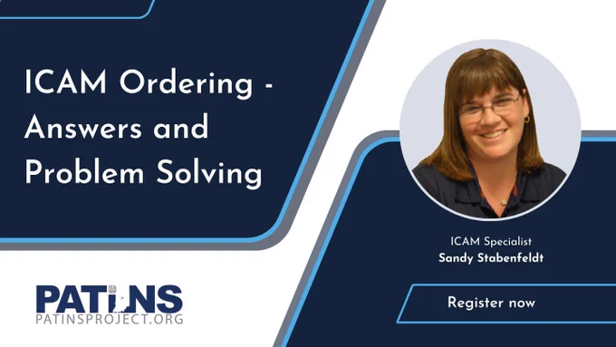 ICAM Ordering - Answers and Problem Solving. PATINS logo. Sandy smiles. ICAM Specialist. Sandy Stabenfeldt. Register now.