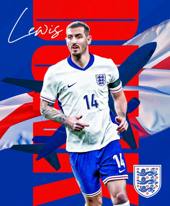 Graphic featuring Lewis Dunk in England's home kit with his name written in white and red behind on a blue background with a plane flying past. Congrats, captain!