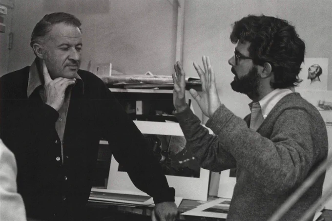 "George was very interested in science-fiction illustration and in fact wanted to be an illustrator himself at one time," McQuarrie said. With his interest in illustration art, comic books, and other visual media, Lucas recognized the effect that a visionary could have. He was also able to hire McQuarrie, who had relatively little film industry experience, at a more favorable rate than an experienced production designer would have cost. "Having an illustrator who could paint the kind of images he wanted was a natural thing for this kind of project," said McQuarrie. "I think most production designers are more architects-interior designer-type people who are concerned about getting all the architecture right for a certain period and designing things so that the set works for the camera. I was not concerned with that at all, and I could be very relaxed while creating all kinds of creatures and robots that maybe couldn't be made. 