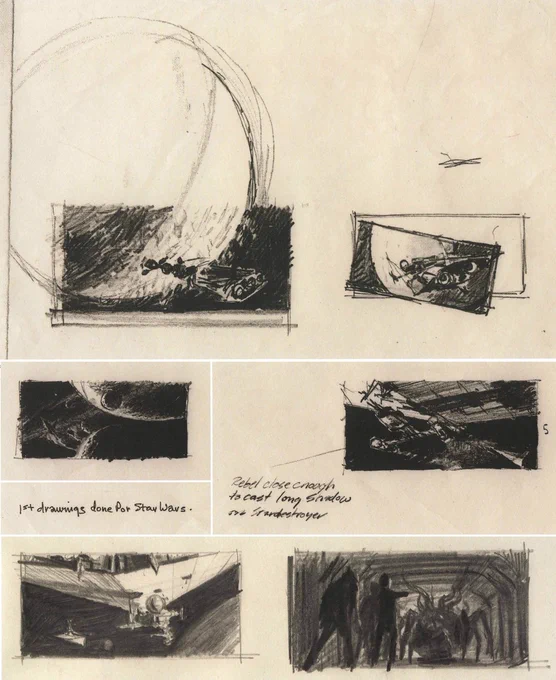 Thumbnail sketches, circa late 1974, spaceships, planets and Dai Noga creature encounter 1, 2, and 3 are the first sketches McQuarrie completed for Star Wars. Lucas likely showed McQuarrie photographs of fellow designer Colin Cantwell's sketches or concept models, being developed around the same time, before he began these sketches. The creature is a Dai Noga, described in the second draft by Lucas as a "cross between a huge spider and a giant squid." Luke, Han, Chewbacca, and an unconscious Deak Starkiller are depicted encountering the Dai Noga in a dungeon within the Imperial city of Alderaan.