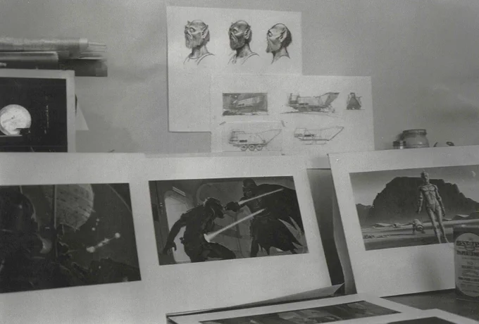 In addition to the script, Lucas had prepared a packet of reference materials for the illustrator including vintage illustration art, science-fiction and fantasy paintings (including several from novel covers), comic art, stills from Metropolis (1927), real-world military photographs, and his own loose sketches for things such as the starships. The script itself was adorned with an illustration by Esteban Maroto, from a Flash Gordon tribute to noted artist Alex Raymond. "George had a lot of ideas about how this picture could look," McQuarrie added. "I think the look of the picture was almost as interesting, or more interesting, to him than the plot. He would keep leafing through material-science-fiction illustrations of the past from the magazine Amazing Stories and so forth. He wanted to get all this on the screen. He could see it in his mind."