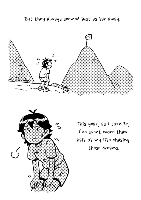 But then always seemed just as far away. drawing of me panting while still looking at the flag on a distant peak. This year, as I turn 30, i've spent more than half of my life chasing these dreams. 