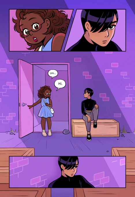 page 51 of If You'll Have Me, starring Momo and PG. Momo is a short girl with curly brown hair, dark skin, and glasses, and PG is a tall girl with short black hair and tan skin. Momo opens the exit door of a night club, which was propped open by a rock. She turns her head to see PG in the alleyway outside, sitting on a wooden crate with her back to the brick wall. "Um... Hi," Momo says hesitantly. PG glances away with a moody expression.