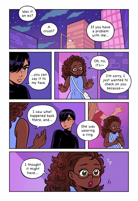 page 53: "Was it an ex? A crush?" PG looks up at her with a cool glare. "If you have a problem with me...you can say it to my face." Momo steps forward in a hurry. "Oh, no. It's—I'm sorry, I just wanted to check on you because—" The panel shows a brief flashback of a blond girl in a red dress, her hand raised to strike. Momo twists her fingers anxiously. "I saw what happened back there, and... She was wearing a ring. I thought it might have..."