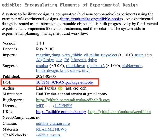 the CRAN landing page for the edibble package which now includes a DOI
