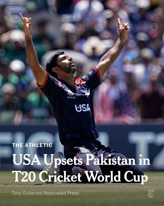 A U.S. cricket player celebrates. Headline: USA Upsets Pakistan in T20 Cricket World Cup.