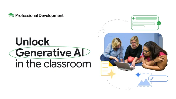 Visual is a static that reads “Unlock Generative AI in the classroom” on the left with a picture of students around a computer on the right. 