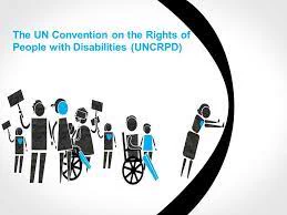 an image of a group of persons with diabilities and one of them is pushing the barrier holding them in. it says The UN COnvention on the Rights of People with Disabilities (UNCRPD)
