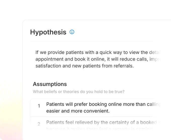 A card that outlines a hypothesis and core underlying assumptions.