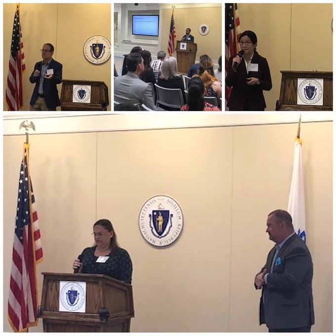 Dr. Scott Weiner (top left) discusses Bill H.1966 & H.1981/S.1242.
Dr. Joseph Kopp (top middle) presents on ED Boarding. Dr. Melisa Lai-Becker (top right) explains the importance of Bill H.2381.
(Bottom) MACEP President Dr. Michele Schroeder recognized Rep. Michael Moran, House Majority Leader for his sponsorship of H.2381 An Act Requiring Health Care Facilities to Develop and Implement Programs to Prevent Workplace Violence.