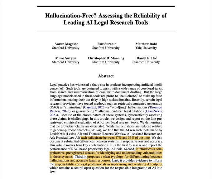 The first page of a paper from Stanford titled "Hallucination-Free? Assessing the Reliability of Leading AI Legal Research Tools"