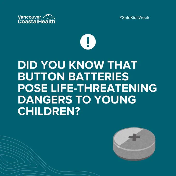 Illustrated graphic of a button battery with text: Did you know that button batteries post life-threatening dangers to young children? #SafeKidsWeek