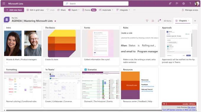 Our "agenda slide" represented as a list in gallery view for our "Mastering Microsoft Lists" session at TechCon365 - Seattle. 