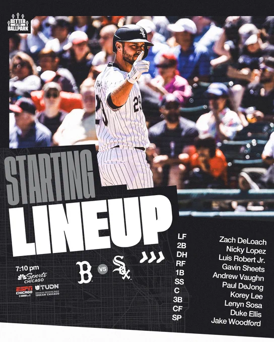 Chicago White Sox Starting Lineup for June 6 at 7:10 PM CT versus Boston Red Sox:
Zach DeLoach, left field;
Nicky Lopez, second base;
Luis Robert Jr., designated hitter;
Gavin Sheets, right field;
Andrew Vaughn, first base;
Paul DeJong, shortstop;
Korey Lee, catcher;
Lenyn Sosa, third base;
Duke Ellis, center field;
starting pitcher: Jake Woodford.
Watch on NBC Sports Chicago. Listen on ESPN Chicago - 1000 AM.