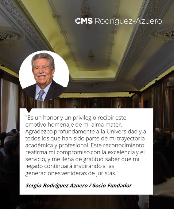 El pasado 30 de mayo, la Universidad del Rosario realizó una ceremonia en honor a la trayectoria de nuestro Socio Fundador el Doctor Sergio Rodríguez Azuero por su aniversario No. 50 como docente. En este espacio, también le fue otorgada la Condecoración de la Orden de Fray Cristóbal de Torres, el máximo reconocimiento que entrega esta universidad.

El Dr. Gustavo Quintero, rector encargado de la Universidad, elogió al Dr. Rodríguez como un modelo Rosarista: “La trayectoria de vida que el doctor Rodríguez ha forjado refleja una armonía entre sus valores, principios y creencias que inspiran a muchos otros a seguir su ejemplo. Su capacidad para inspirar a otros a adoptar un comportamiento ético, compasivo, justo y responsable es realmente admirable."