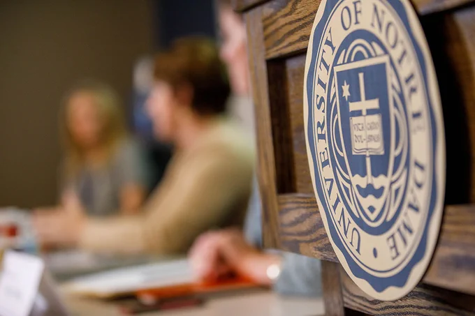 Podium with the seal of the University of Notre Dame