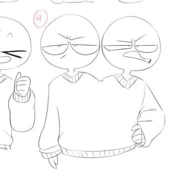 zoomed in drawing reference picture for artists of two characters wearing the same jumper with disgruntled expressions on their faces.