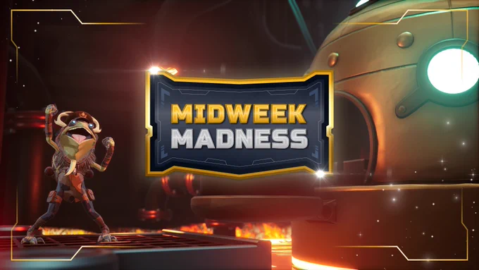 A Big Time animated scene featuring a cartoon squirrel character wearing a spacesuit, standing next to the text "Midweek Madness" in bold, stylized font. The background includes a fiery forge and part of a large, metallic spherical structure with a glowing round viewport. The atmosphere is dramatic, evoking a science fiction or adventure theme.