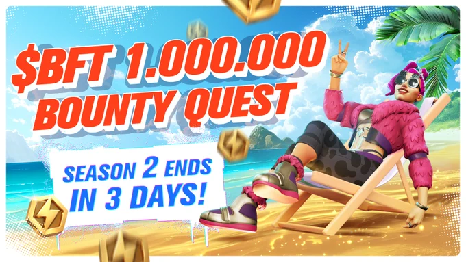 Promotional image for a Boss Fighters featuring an animated character relaxing on a beach chair, with the text "$BFT 1.000.000 Bounty Quest" and "Season 2 ends in 3 days!" prominently displayed, amidst a backdrop of a sunny beach and flying coins.