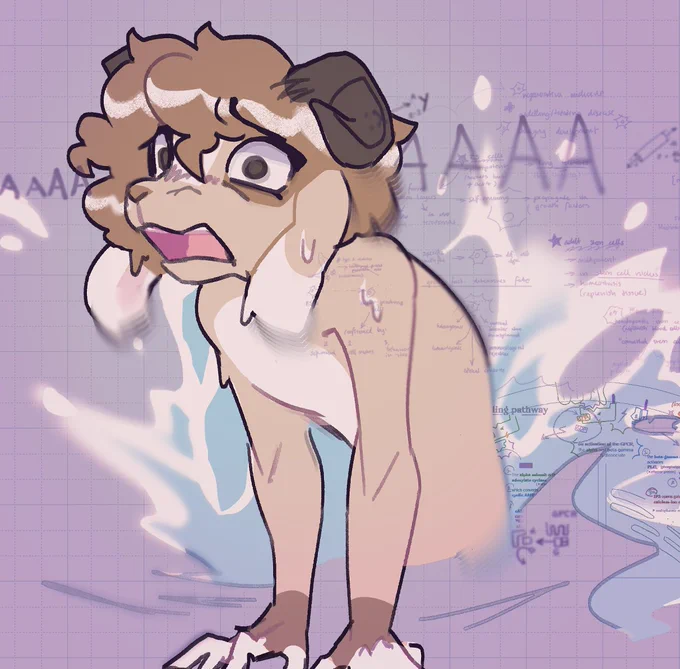 An anthropomorphic goat propped up by his forearms, screaming and looking harrowed, staring into nothing. Half of his body is plunging out from a web of splashing water, overlaying a background of grid paper covered in scribbled notes. The character has bouncy (and wet) hair, curled horns, and floppy ears that bead with dripping water. His colours are soft, hot-cocoa browns. 
The handwriting in the background is a blurred cacophony of diagrams and equations. These are mostly unintelligible, but amongst them are diagrams of cell signalling pathways, flow charts about stem cells, and physics equations.