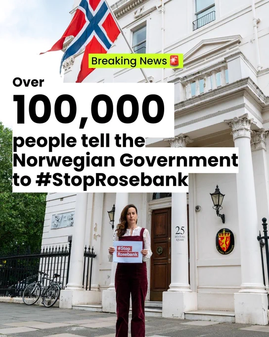 Person outside the Norwegian embassy in London holding a sign saying 'Stop Rosebank'. Overlay text above: 'Over 100,000 people tell the Norwegian government to stop Rosebank'.