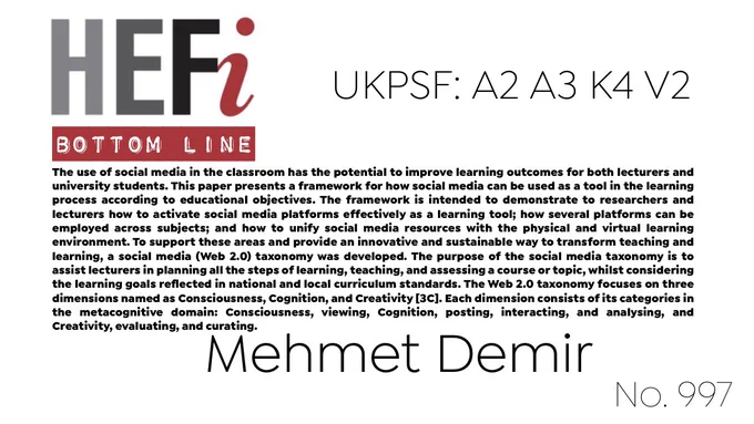 The use of social media in the classroom has the potential to improve learning outcomes for both lecturers and university students. This paper presents a framework for how social media can be used as a tool in the learning process according to educational objectives. The framework is intended to demonstrate to researchers and lecturers how to activate social media platforms effectively as a learning tool; how several platforms can be employed across subjects; and how to unify social media resources with the physical and virtual learning environment. To support these areas and provide an innovative and sustainable way to transform teaching and learning, a social media (Web 2.0) taxonomy was developed. The purpose of the social media taxonomy is to assist lecturers in planning all the steps of learning, teaching, and assessing a course or topic, whilst considering the learning goals reflected in national and local curriculum standards. The Web 2.0 taxonomy…