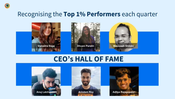 Recognising the Top 1% Performers each quarter at BrowserStack featuring photos and names of five individuals: Vishakha Bajaj, Divani Parekh, Mayuresh Shilotri, Anuj Lachandani, Anindam Roy, and Aditya Rajagopalan, displayed under the heading "CEO's Hall of Fame".