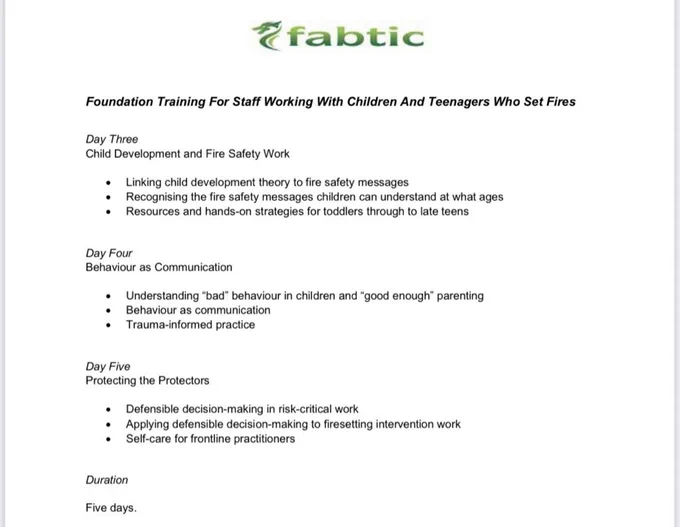 Content of foundation training for staff working with children and teenagers who set fires.