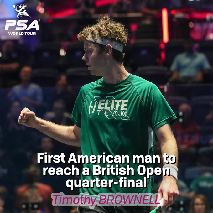 Graphic which reads 'First American man to reach a British Open quarter-final - Timothy Brownell'
