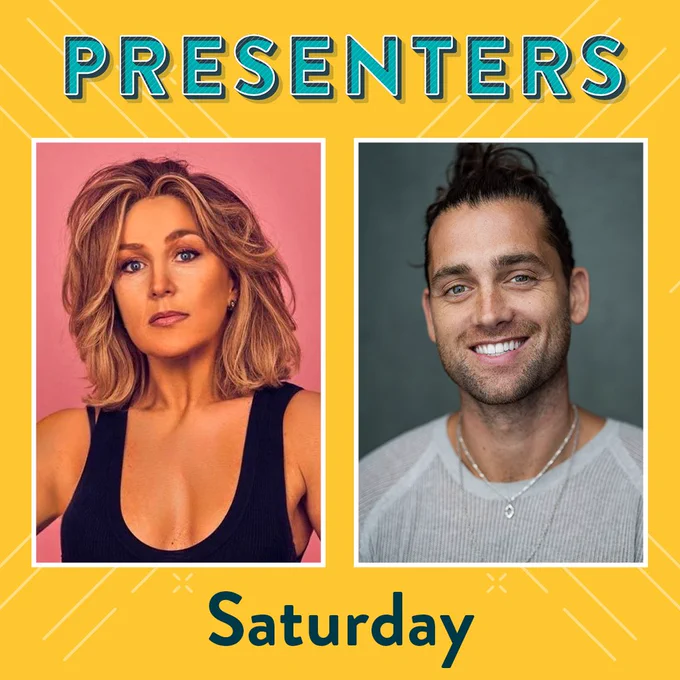 Yellow background. Text reads: 
PRESENTERS
Saturday

Two images of people. The left shows a person wearing a black top with dark blonde hair shoulder-length and the right shows a person smiling, wearing a light t-shirt, necklaces with their hair up in a bun.
