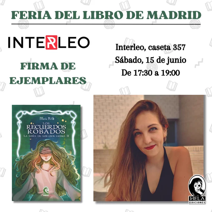 Feria del libro de Madrid
Interleo, caseta 357
Sábado, 15 de junio
De 17:30 a 19:00
Firma de ejemplares

Fotografía de María R.G.
La cubierta de Los recuerdos robados
Y los logotipos de Interleo y Hela Ediciones