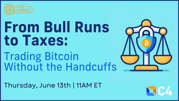 Youtube Thumbnail with text that reads: "From Bull Runs to Taxes: Trading Bitcoin Without the Handcuffs" Thursday, June 13th / 11AM ET