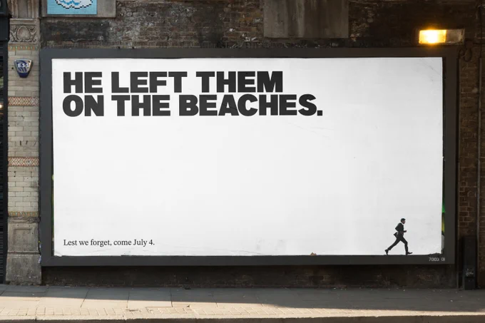 An advertising mockup with the headline He left them on the beaches, with a silhouette of a small figure of Rishi Sunak running away.