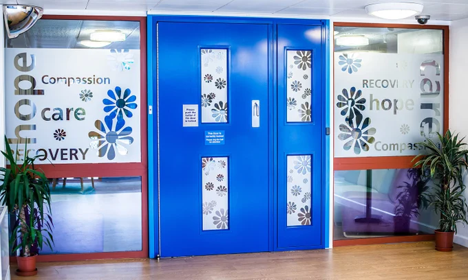 Blue entrance doors with daisy motifs at The Cedars in Exeter.