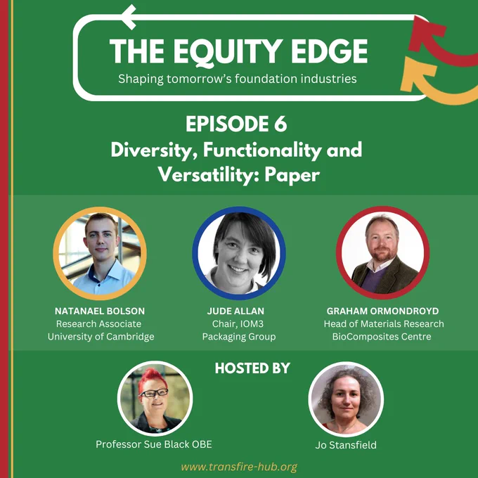 A green graphic with title The Equity Edge, shaping tomorrow's foundation industries. Episode 6: Diversity, Functionality and Versatility: Paper.  Images of the guests and hosts are shown.  Guests are Natanael Bolson, Jude Allan, and Graham Ormondroyd. Hosts are Sue Black and Jo Stansfield.