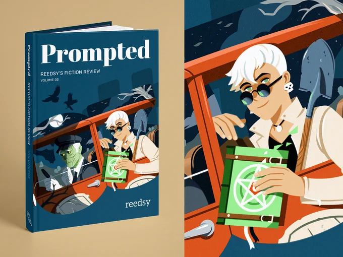 A book cover featuring a necromancer and her undead chauffeur driving at night through a graveyard.