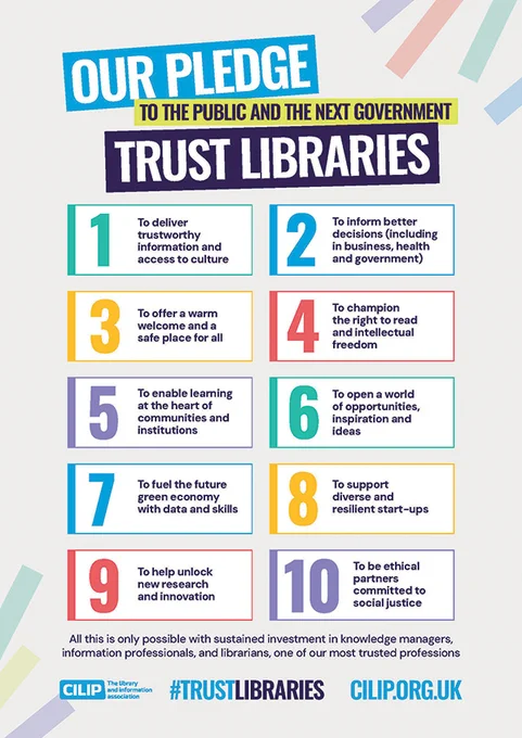 Poster listing CILIP's Trust libraries: 10 pledges to the public and the incoming government 