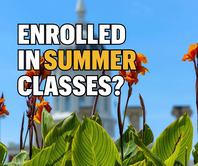 This is a photo of Jesse's Dome during a summer day with flowers in front of it and the photo also has words overlayed on top of the photo that says enrolled in summer classes?