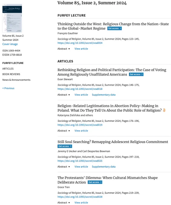 New issue featuring articles including: Thinking Outside the West: Religious Change from the Nation-State to the Global-Market Regime, Rethinking Religion and Political Participation: The Case of Voting Among Religiously Unaffiliated Americans, Religion-Related Legitimations in Abortion Policy-Making in Poland. What Do They Tell Us About the Public Role of Religion?, Still Soul Searching? Remapping Adolescent Religious Commitment, and The Protestants’ Dilemma: When Cultural Mismatches Shape Deliberate Action
