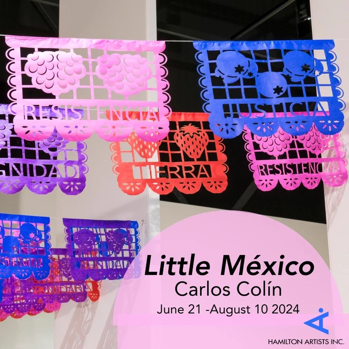 The image is a photo of the installation view of the work "Festivities on Sunny Days" by Carlos Colín. The work features five sets of rectangular plastic hanging flags on lines. The flags are red, pink, purple, and blue. Each flag has pieces cut from them to create a floating stencil effect, where negative space creates and image. Each flag is transformed into a window-like structure with various fruit, with a word beneath. The words used for the flags are "Tierra", "Dignidad", "Resistencia", and "Justicia".