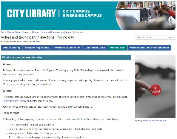 Screen shot of the COGC Libraries' guide on voting and taking part in elections.