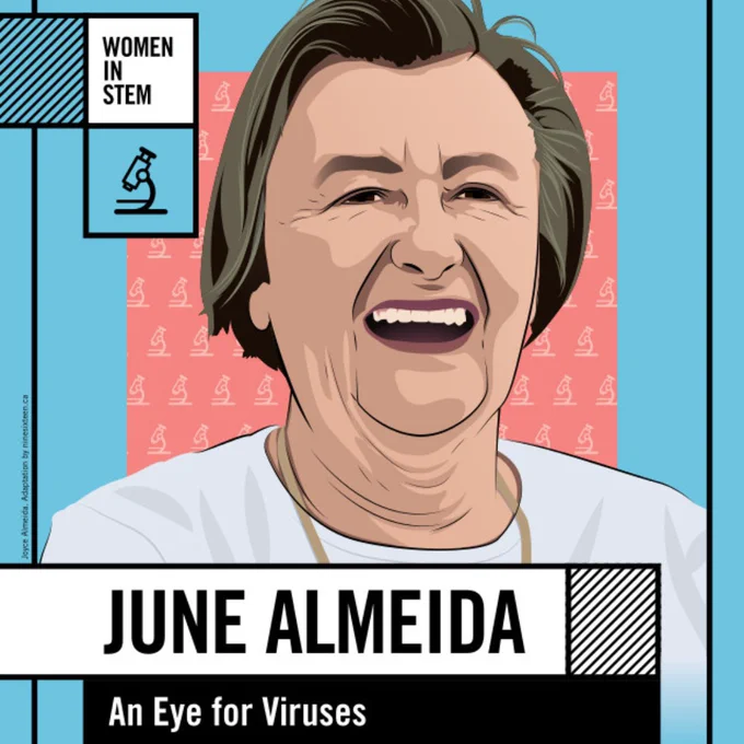 Illustration of June Almeida smiling, pale skin, short brown hair, brown eyes, on a blue and pink background