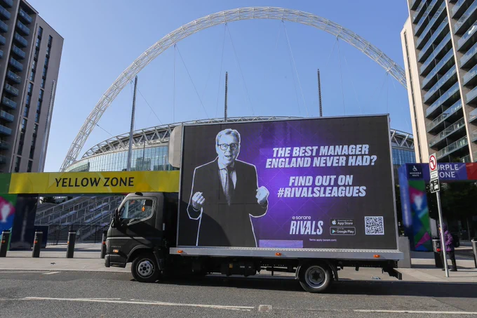 ‘An ad van featuring Harry Redknapp outside Wembley, promoting that he is the best manager England never had and the chance to play in his private league on Sorare Rivals’