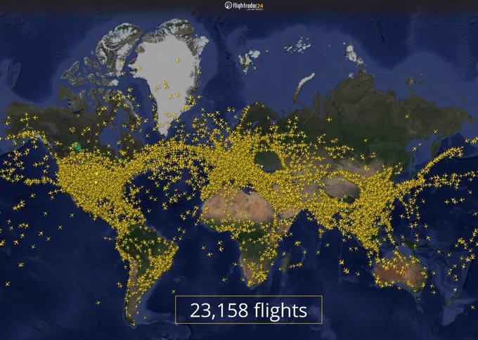 A Flightradar24 map showing a record 23,158 flights at approximately 14:30 UTC on 7 June 2024.