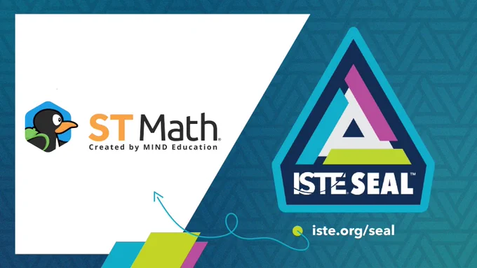 The image features a promotional graphic with two logos on a textured blue background. On the left is the "ST Math" logo, which includes a depiction of a penguin next to the text "ST Math. Created by MIND Education." On the right side, there is a triangular logo for "ISTE SEAL" with a URL below it: iste.org/seal. The overall image is visually engaging with a modern, educational theme.