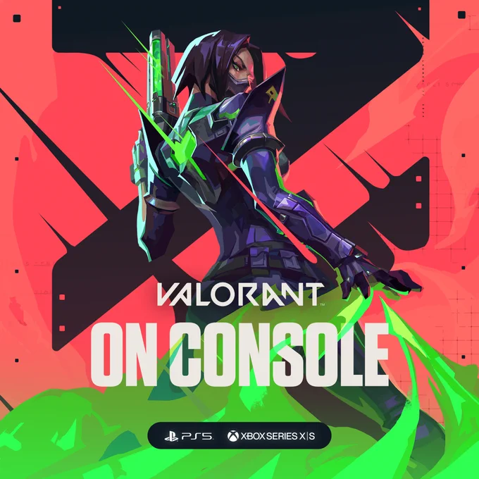 Against a red background, Viper holds a Shorty in her left hand and unleashes a stream of toxic gas with her right hand. Text on the image: “VALORANT on Console”. Below the text are the logos for PlayStation 5 and Xbox Series X|S.