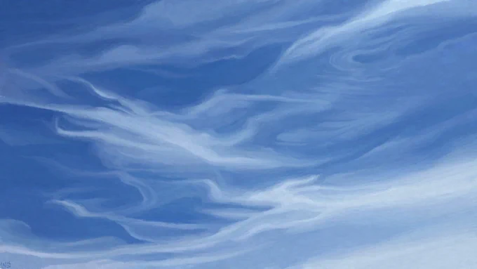 Digital painting of a blue sky filled with wispy cirrus, thin, see through veils of white draped across the whole frame.