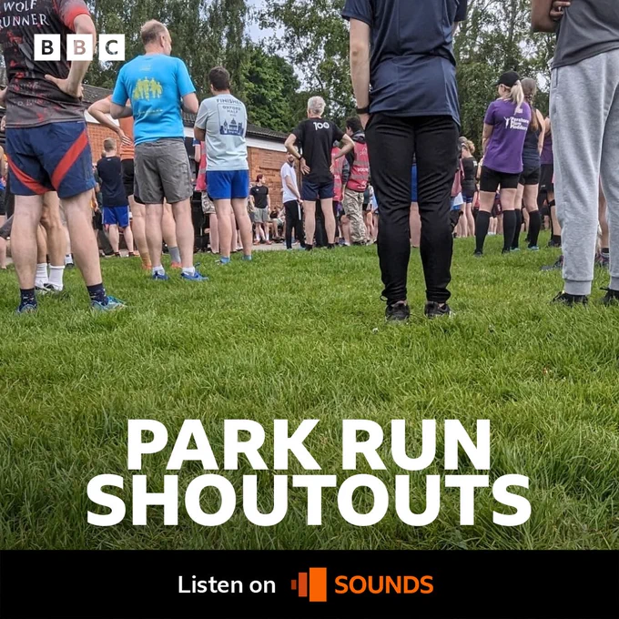 A sizeable crowd of on lookers, dressed in running gear, waiting with their backs turned. Text reads, Park Run Shoutouts