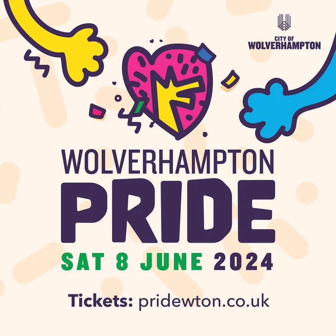 Promotional graphic for Wolverhampton Pride event displaying a vibrant heart symbol with hands either side. Set for Saturday 8 June 2024. Text includes date and ticket information with website "pridewton.co.uk". 